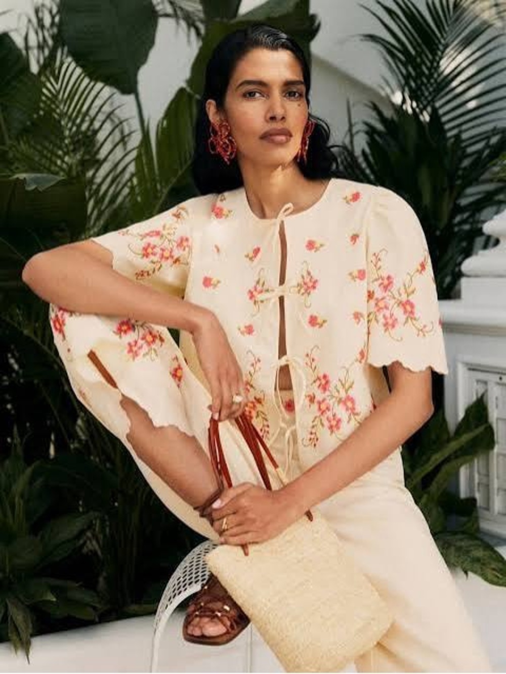Sezane Cream Blouse with Pink & Green Floral Embroidery - Picture 2 of 6
